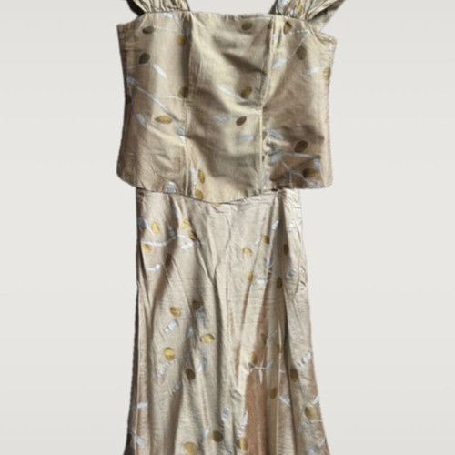 Gold blouse and skirt set with leaf pattern and tulle hem