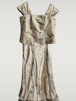 Gold blouse and skirt set with leaf pattern and tulle hem