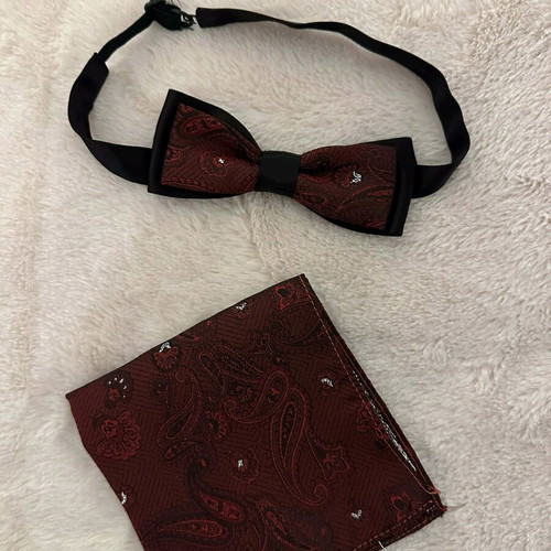 Men's set bow tie and pocket square burgundy like new with paisley design