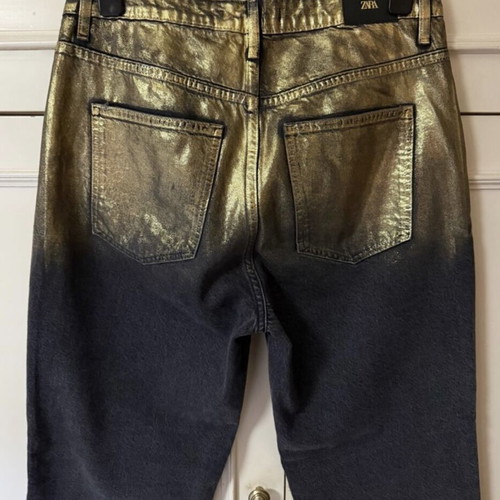 Zara high-waisted Z1975 jeans straight foil line like new, two-tone black and gold