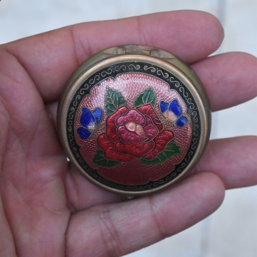 Vintage Cloisonné Metal Pillbox used with Rose and Butterflies