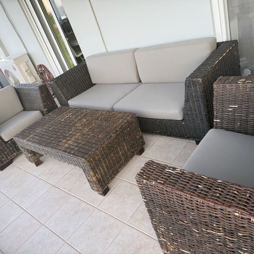Outdoor bamboo furniture set used, sofa, 2 armchairs & coffee table