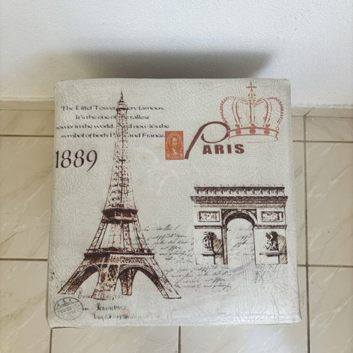 Foldable storage ottoman with vintage Paris theme, like new