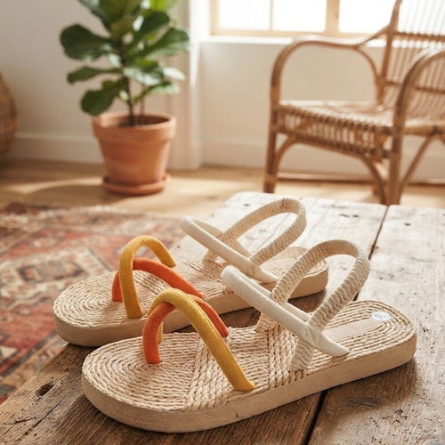 Boho Chic straw sandals, size 38, orange and yellow straps