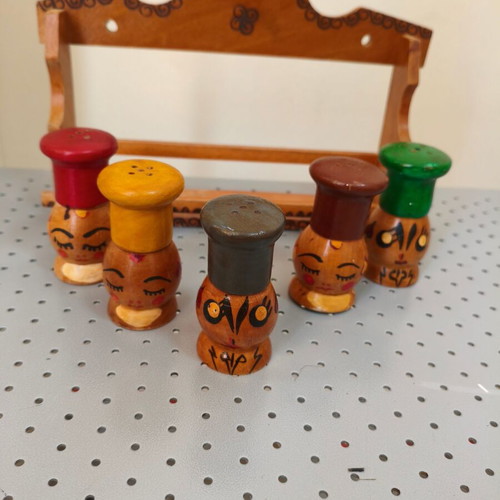 Vintage 1970s Japanese handmade wooden salt and pepper shakers, set of 5 with wall rack