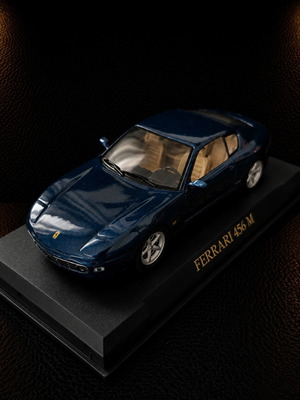 Ferrari 456 M 1:43 collectible model with display base, like new, blue metallic