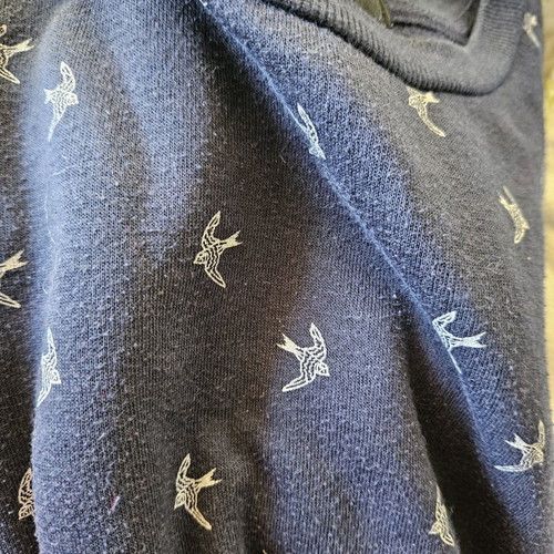 Blue sweatshirt with bird design used, size M