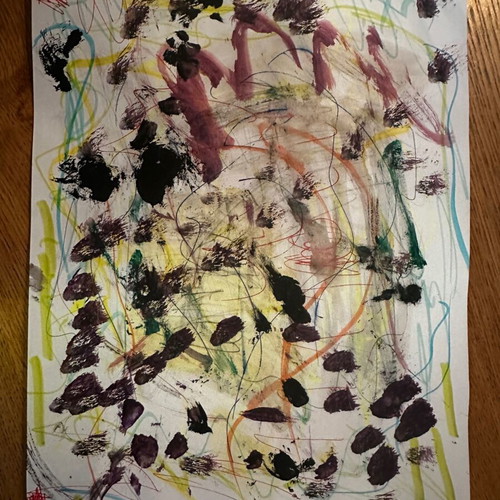 Painting new with purple splashes on smudged landscape