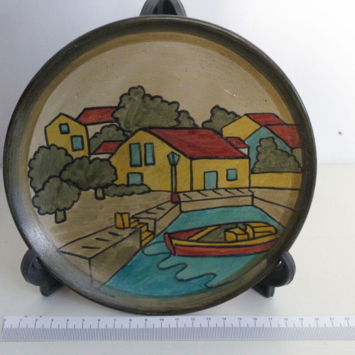 Painted clay plates used, set of 2, 20 cm diameter