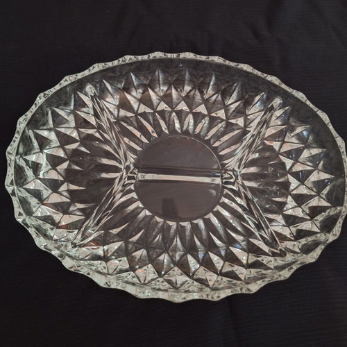 Oval Serving Platter made of embossed heavy glass with 4 compartments, like new