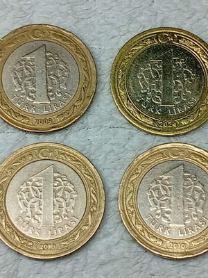 Νομίσματα Τουρκίας μεταχειρισμένα, σετ 4, 1 λίρα 2009-2024