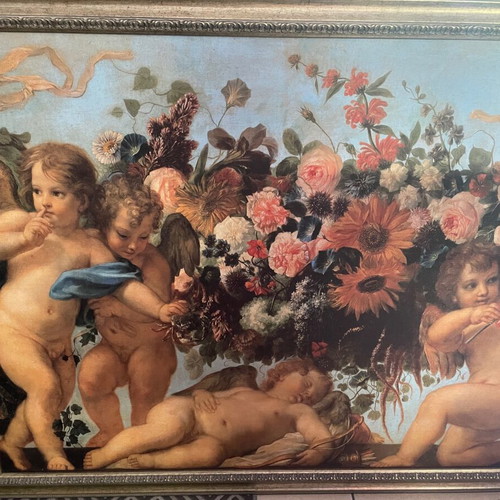 Painting with Angels in Pastel Shades like new, gold frame