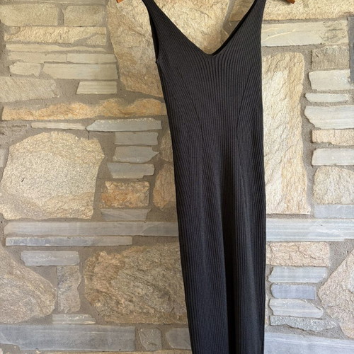 H&M Black Ribbed Lurex Midi Dress Scoop Neck fitted bodycon, like new