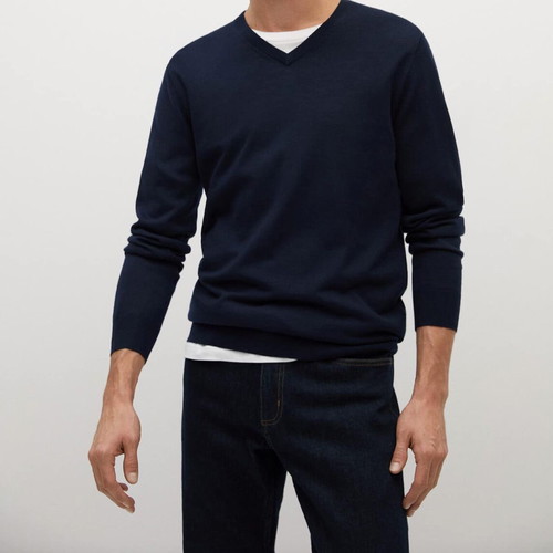 Knitted sweater 100% wool blue V-neck size XL new