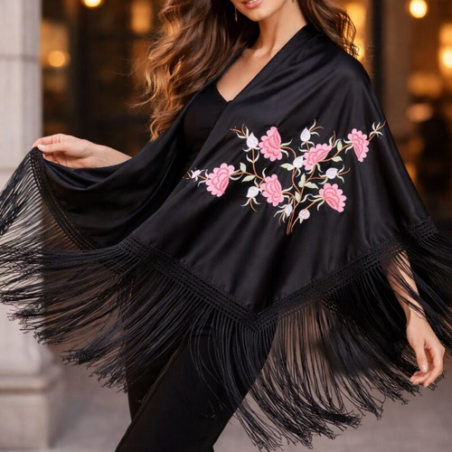 Spanish satin scarf with floral embroidery and fringes new