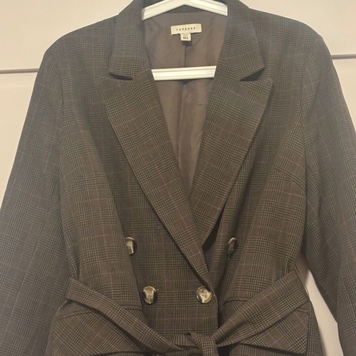 Topshop women's oversized checked blazer with belt used, Large, brown