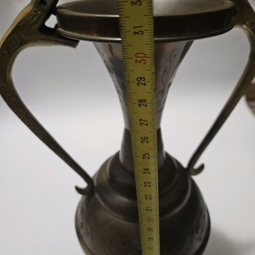 Antique Art Nouveau Copper Vase with Twin Snake Brass Handles used