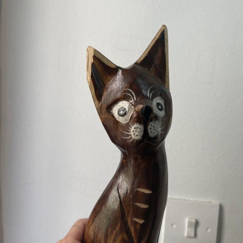 Vintage wooden cat set used, boho Balinese style decor, 3 pieces