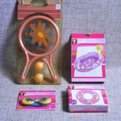Barbie set of 4 inflatable boat, life buoy, swimming goggles, rackets new with box