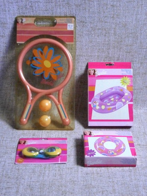 Barbie set of 4 inflatable boat, life buoy, swimming goggles, rackets new with box