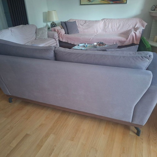 Factory Sofa 3-seater sofa, dark beige fabric, walnut wood finish