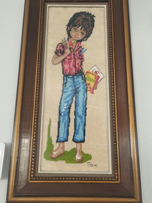 Premium Vintage Handmade Embroidery 'Boy Painter' in Wooden Frame like new