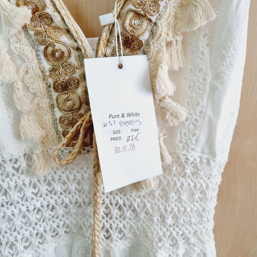 Pure long dress white with embroidery and knitted details, new, one size