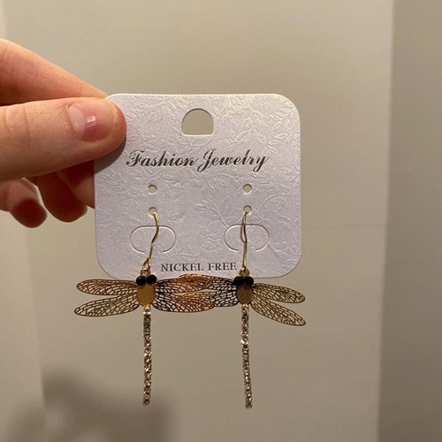 Gold dragonfly earrings with rhinestone details like new