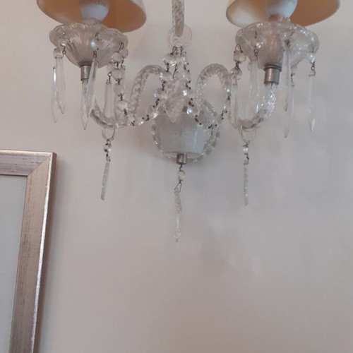 Vintage lighting set with heavy crystal seven-light chandelier and two matching two-light sconces