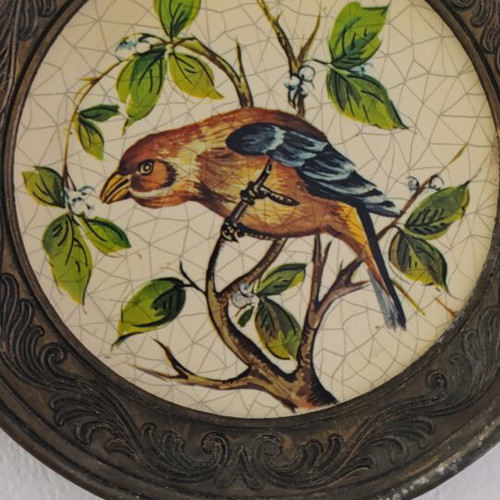 Vintage decorative wall plate 22cm with bird, used, crackle design