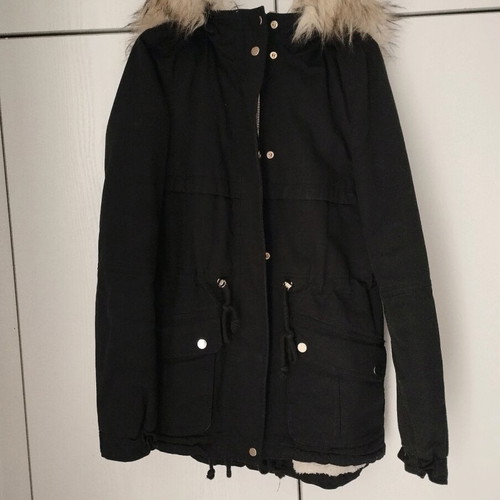 H&M parka jacket used black with fur lining, size S