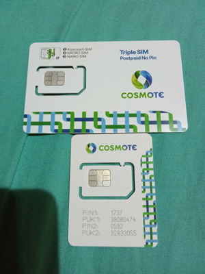 2 Cosmote SIM cards new, standard and mini, uncut