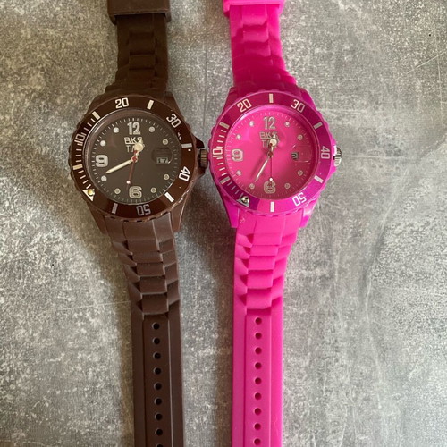 BKS TIME wristwatches used, brown and pink, battery replacement needed