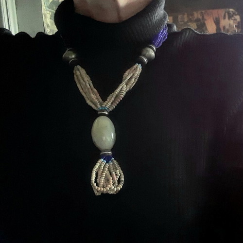 Necklace with amber new, blue and silver