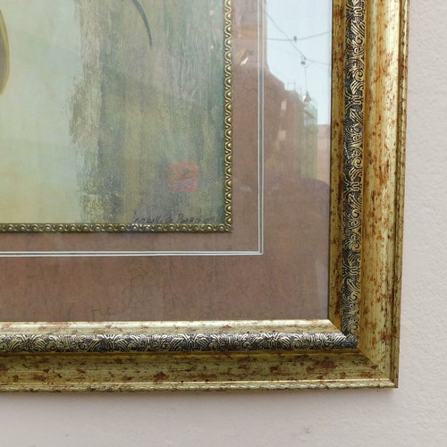 Framed painting with protective glass, signed, reproduction