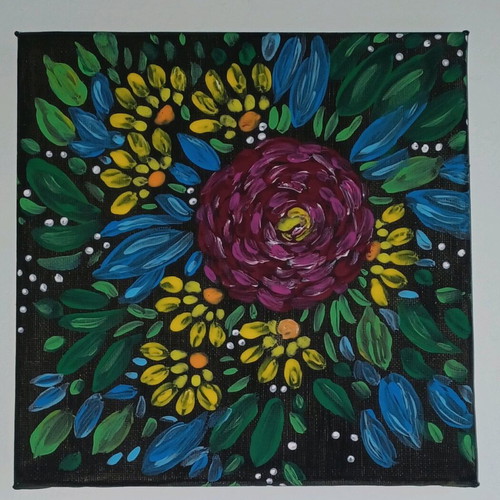 Handmade painting with flowers on black, new