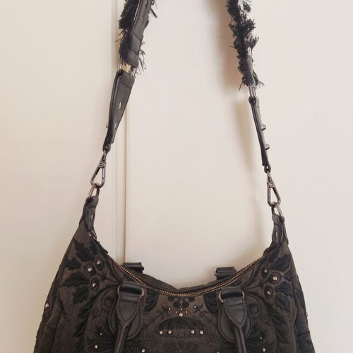 Desigual black grey denim crossbody bag used with embroidered flowers and studs