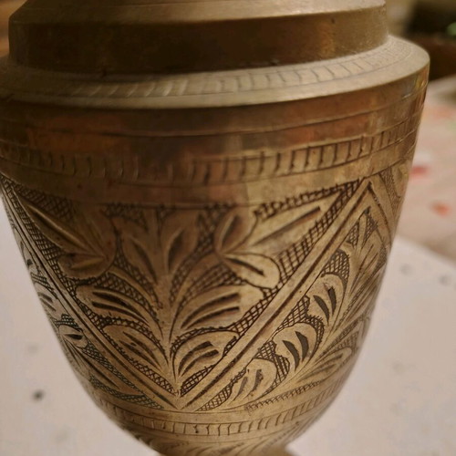 Antique Engraved Brass Vase Restored