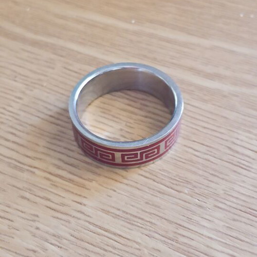 Men's Unisex Stainless Steel Ring with Greek Meander, Red/Silver
