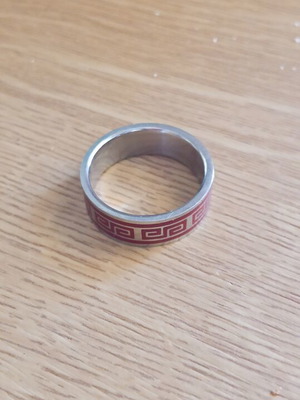 Men's Unisex Stainless Steel Ring with Greek Meander, Red/Silver