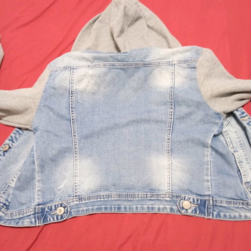 Denim jacket used with fabric sleeves and hood, size S