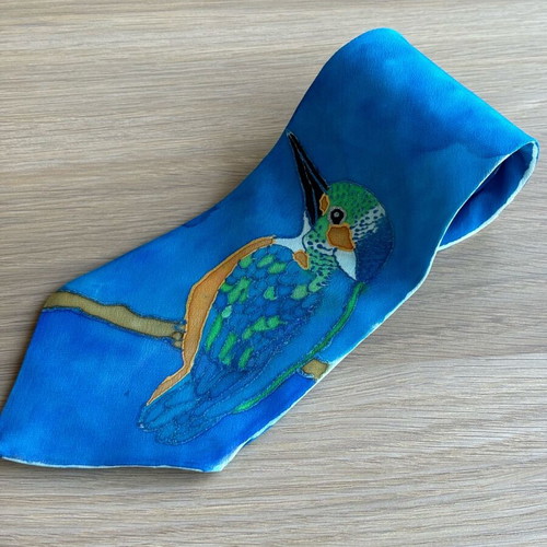 Handmade tie new from 100% pure silk with painted bird design