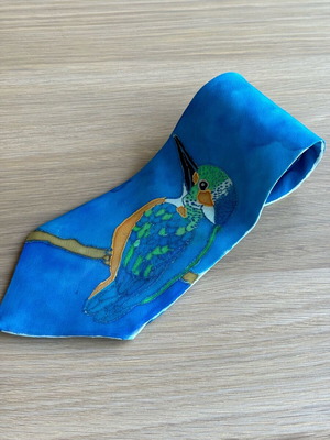 Handmade tie new from 100% pure silk with painted bird design