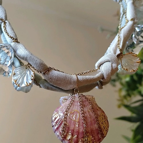 Handmade necklace like new with fabric braid and steel chain