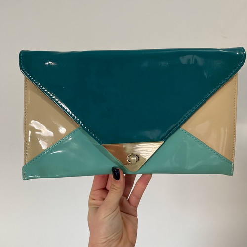 Patent Leather Colorblock Envelope Clutch Bag, teal light blue nude