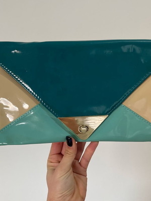 Patent Leather Colorblock Envelope Clutch Bag, teal light blue nude