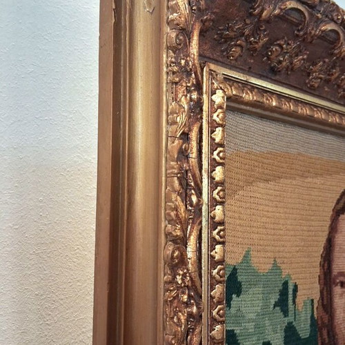 Vintage Handmade Gobelin Mona Lisa with Gold Baroque Frame