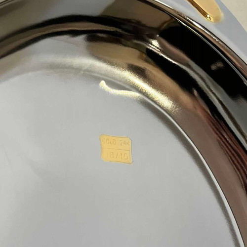 Vintage serving tray used, stainless steel with 24K gold details
