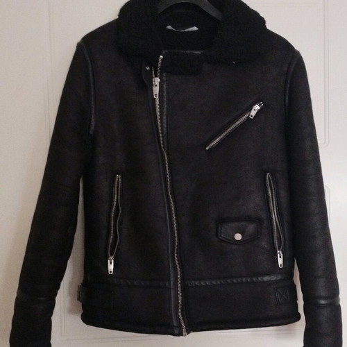 Zara Shearling Aviator Biker Jacket, black, size L