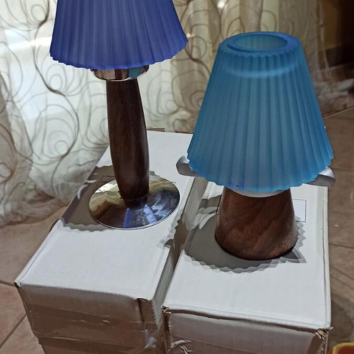 Set of 2 Glass Candlesticks with Wood and Metal Base, Blue and Light Blue
